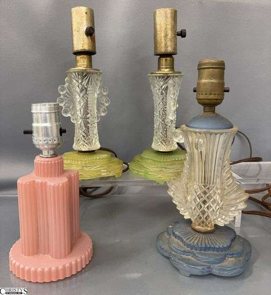 4 Deco Glass Vanity Lamps - 10" to top of socket of tallest - one is chipped image
