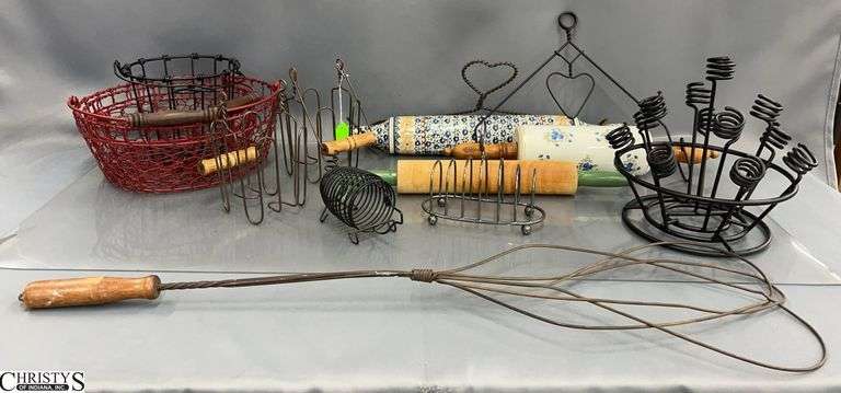 Assorted Metal Wire Baskets, Rug Beater, Rolling Pins - 17" of largest rolling pin image