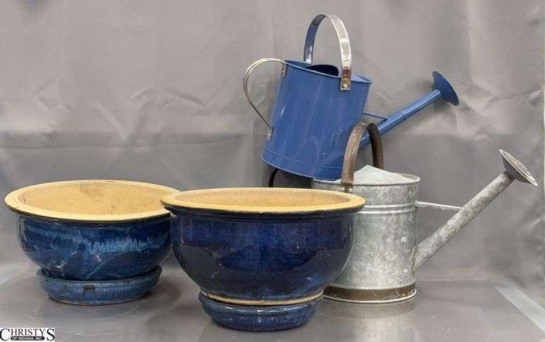 2 Blue Tone Flower Planters and 2 Metal Watering Cans - 15" x 9" of planter image