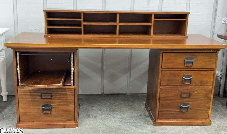 Pottery Barn Bedford Desk - 2pcs - 70" x 23" x 39" overall - one drawer front needs repair and edge wear image