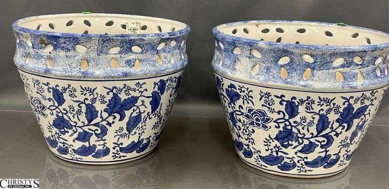 2 Blue & White Ceramic Planters - 12" x 9" of each image