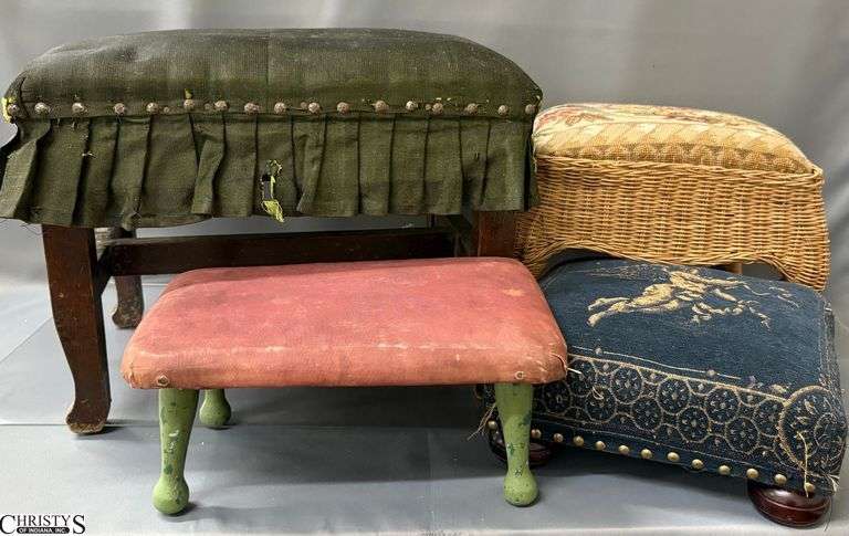 4 Small Ottoman Footstools - 19" x 12" x 13" of largest - some wear/damage to upholstery image