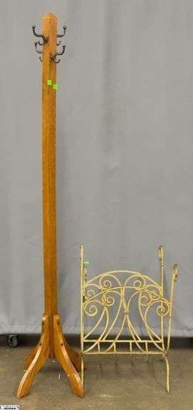 Wooden Coat Rack and Scrolled Metal Magazine Rack - 65" of tallest image