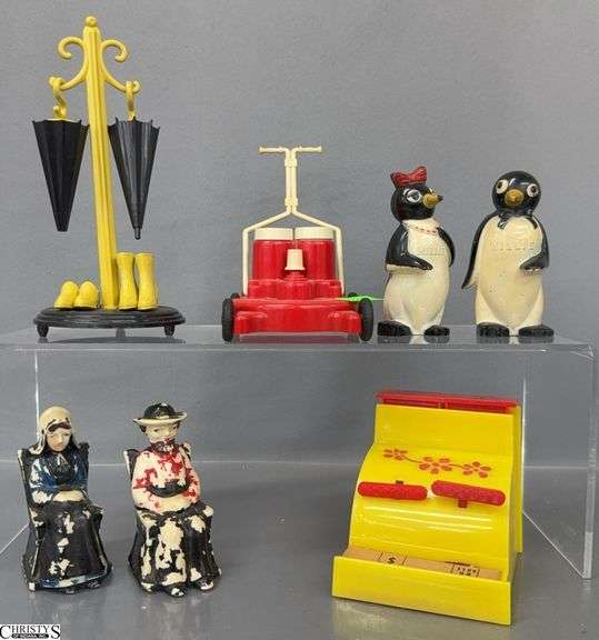 Vintage Salt and Peppers, Willie and Millie, Umbrella Stand, Lawn Mower, Cash Register, Amish Couple image