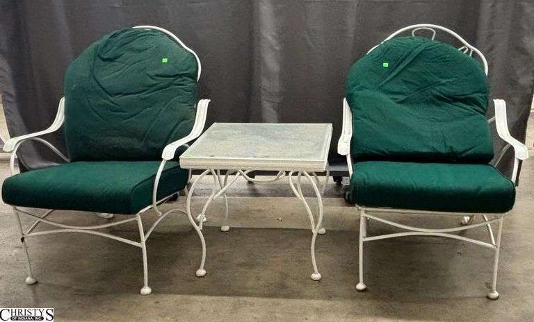 2 Vintage Wrought Iron Patio Chair and Glass Top Table - 28" x 38" - 15" seat - some wear to chairs and cushions image