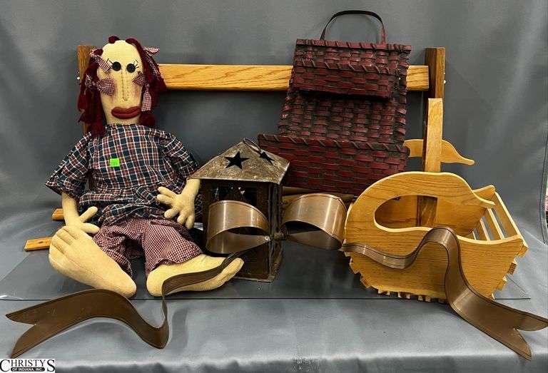 Primitive Style  - Wall Basket, Rag Doll, Small Metal Ottoman, Wood Basket, Misc - 26" of largest image