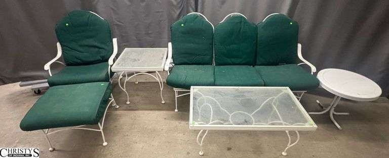 Vintage Wrought Iron Patio Sofa, Chair, 2 Glass Top Tables and Metal Table - Some wear to furniture and cushions - 66" x 38" - 15" seat of sofa image
