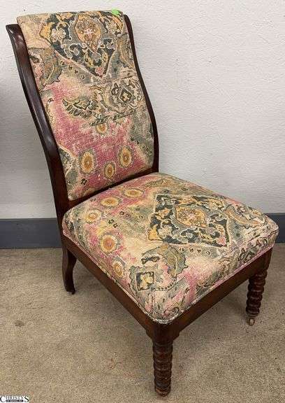 Antique Upholstered Side Chair With Turned Legs and Castors 19x22x37" image