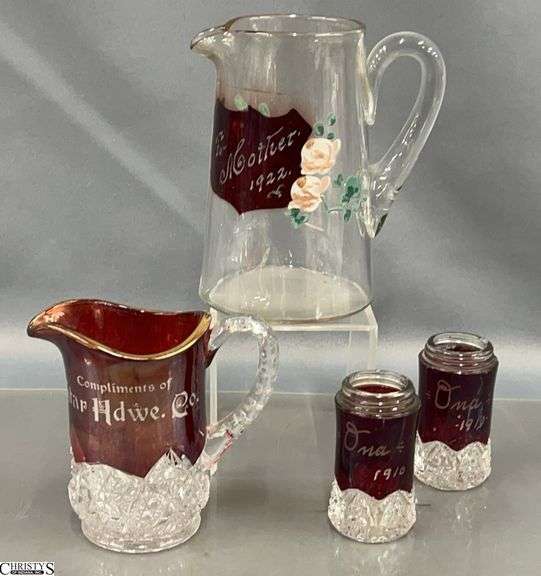 4 Etched Ruby Flash Souvenir Pieces - 1910 earliest date - 6" of tallest image