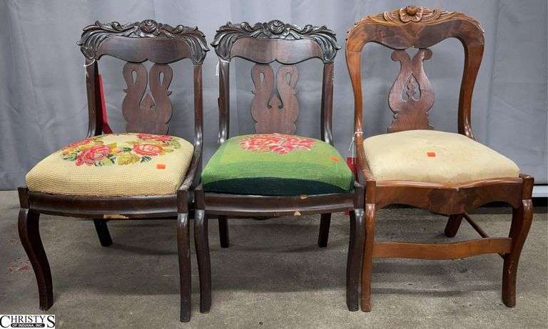 3 Victorian Carved Side Chairs, Upholstered Needlework Seats, Some Wear and Chipping, One is Repaired on Back Approx 18x19x30" Tall To Back image