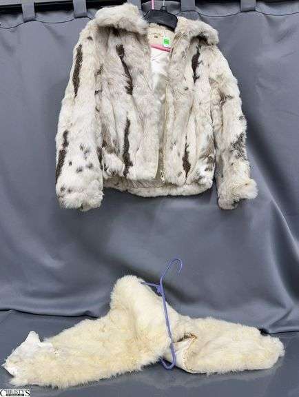 Fur Wrap Has Wear and Rabbit Fur Coat, Marked Made In Hong Kong, Size large, Neck To Bottom 22" image