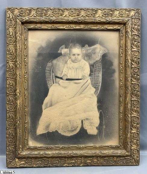Antique Gesso Framed Portrait of Baby in Stroller - 22.5" x 26" of frame image