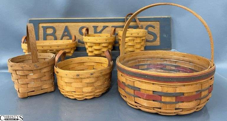 6 Longaberger Baskets and Baskets Wooden Sign - 23" of sign image