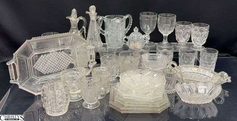 Pressed Glass Cruets, Glasses, Trays, Plates, Dishes - 12" of largest image