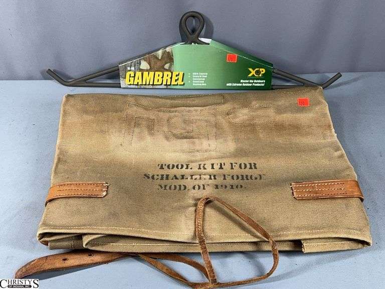 New in Package Gambrel for Hanging Large Game Animals During Field Dressing and a WWI US Blacksmith Tool Roll Case for Schaller Forge M-1910 Dated 1918 Rock Island Arsenal image
