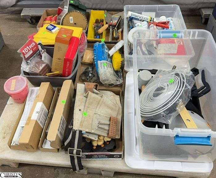 Skid With Painting and Drywall Supplies, Caulk, Caulking Guns, Tool Belt, Squares, Mallet, Spatulas, Brushes, Plastic Sheeting, Knee Pads image