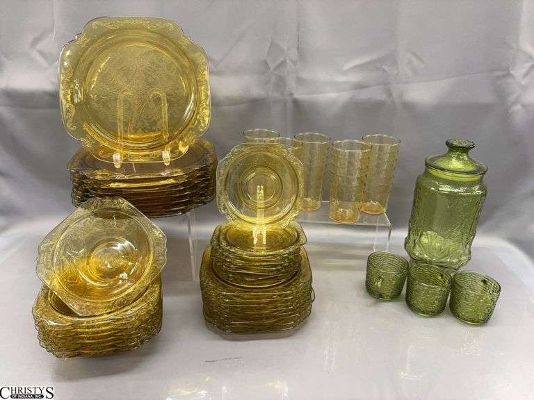 Amber & Green Tone Glass Dishes - Federal Plates and Others - 10" of dinner plate image