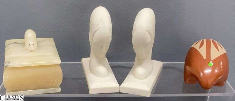 Mineral Lidded Dish, Tourist Carving, Art Deco Bust Style Soft Finish 4" Tall image