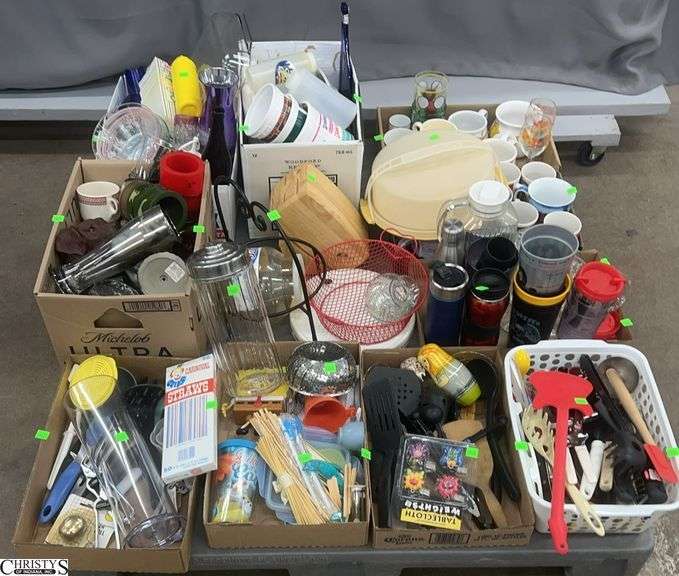 Skid of Coffee Mugs, Kitchen Utensils, Koozies, Plastic Storage Containers - SKID NOT INCLUDED image