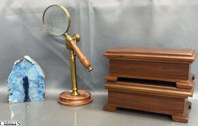 Blue Agate Bookends, 2 Lidded Wooden Boxes, Desktop Magnifying Glass - 13" of tallest image