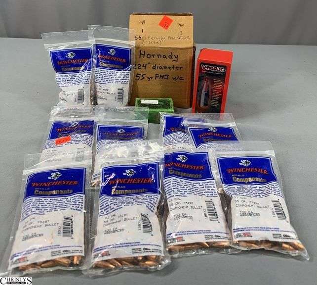 22 Caliber Bullets- 10 Packages of 100 Winchester 22 cal. 55 GR FMJBT Component Bullet, 1 Box of 250 Hornady V-Max 22 cal. 50 GR Bullets, Box of 100 Sierra Rifle Bullets 22 cal. 40 GR Hornet and a Partial Box of Hornady 22 cal. 55 GR FMJ W/C image