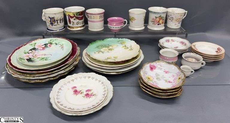 Porcelain Mugs, Teacups, Plates, Saucers - 10" D of largest image