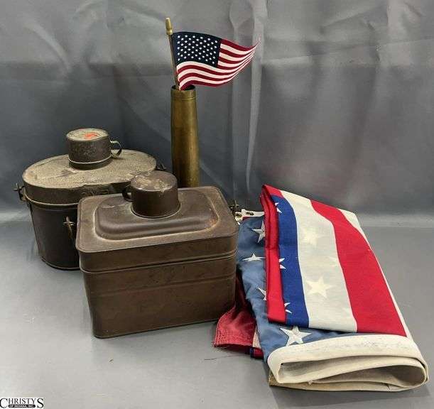 Large Artillery Brass, 2 Metal Railroad/Miner Lunch Pails, 2 American Flags - 12" of empty brass image