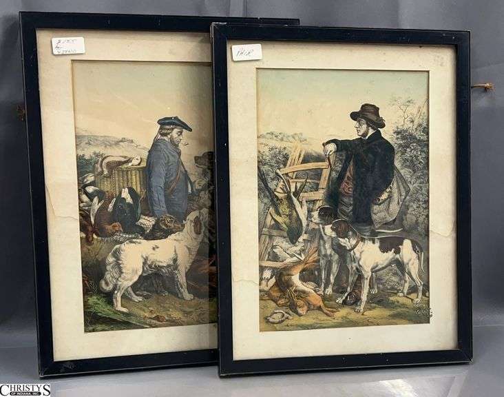 Pair Early Hunting Scene Prints - 14" x 17.5" of each - shows some foxing, water marking image