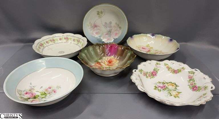 6 Floral Motif China Bowls - 10" D of largest image