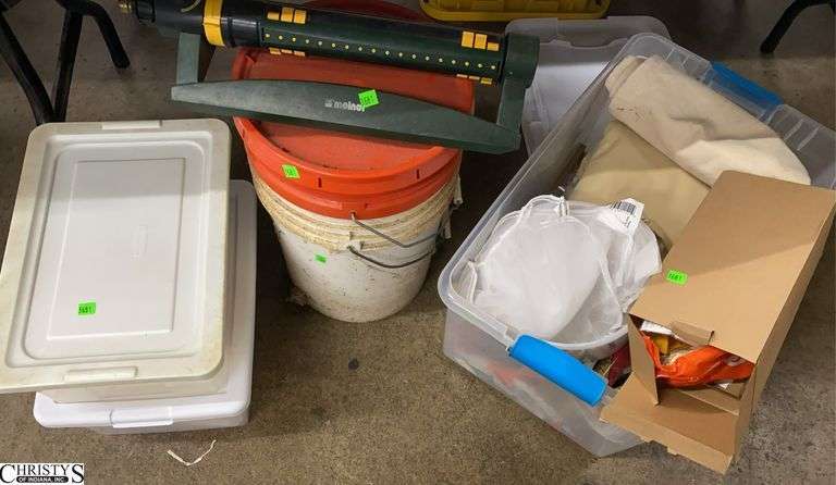 5 Gallon Buckets, Drop Cloth, Drywall, Sprinkler, Tote With Misc Hardware image