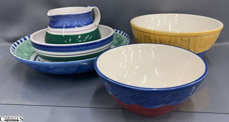 Ceramic Serving/Mixing Bowls and Pitcher - 14" D of largest image