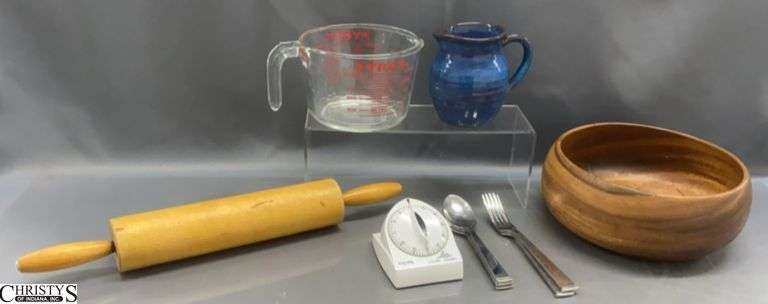 Wooden Bowl, Rolling Pin, Pottery Milk Pitcher, Pyrex Measuring, Timer image