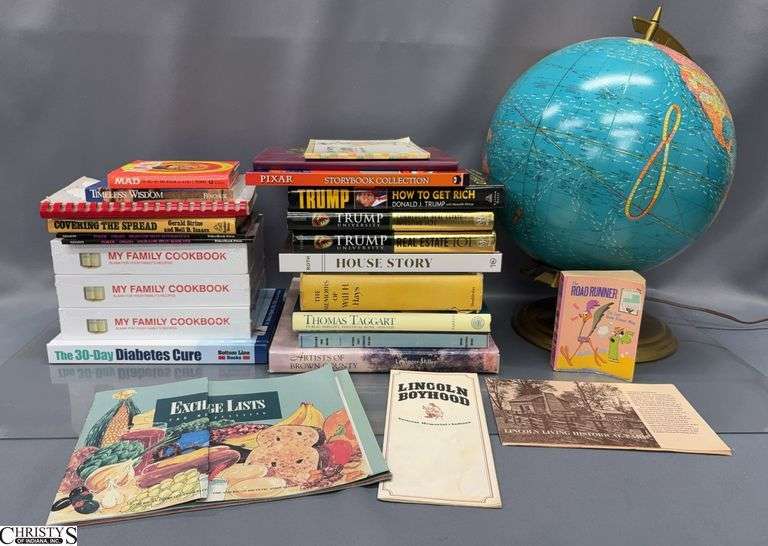 Assorted Books and Globe - Cookbooks, Reference, Misc - 15" T of globe image