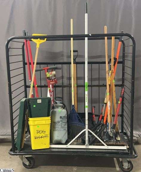 Cart With Long Handle Tools, Landscape Rakes, Clippers, Shovels, Edgers, 3 Gallon Sprayer, And 6 Splash Blocks. Cart NOT Included image