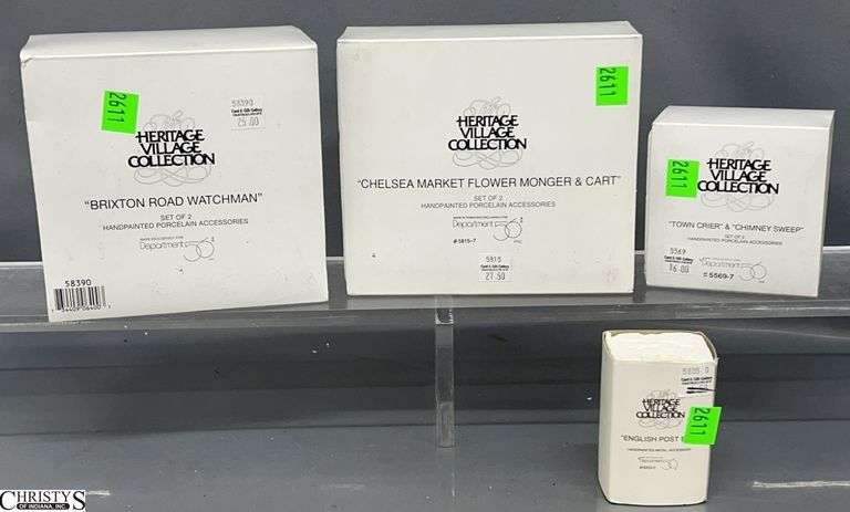 4 Dept 56 Accessories English Post Box, Brixton Road Watchman, Town Crier & Chimney Sweep, Chelsea Market Flower Monger and Cart image