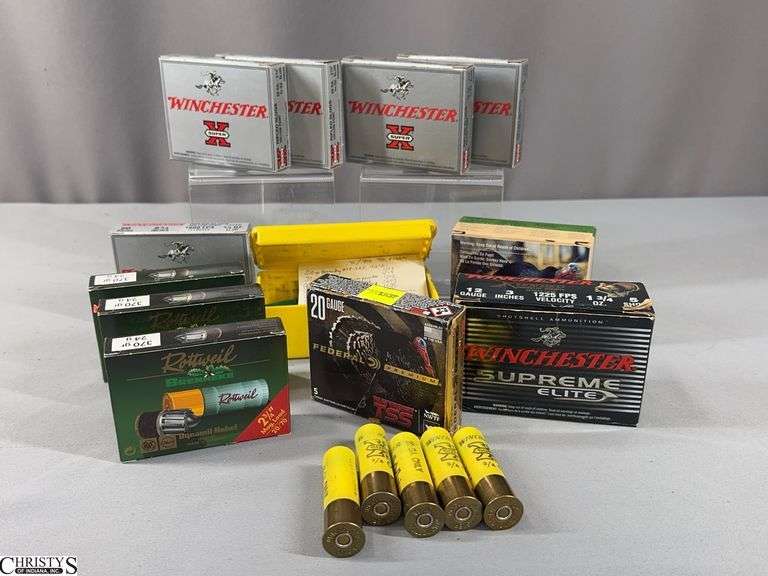 20 Gauge, 12 Gauge and 410 Gauge Shotgun Shells- Includes 5 Boxes of 5 Winchester 20 ga., 3 Boxes of 5 Rottweil Brenneke 20 ga., Box of 7 Remington 20 ga., Box of 4 Federal 20 ga., 4 Loose Winchester 20 ga., Box of 7 Winchester Supreme Elite 12 ga., and 9 Loose Remington 410 ga. image