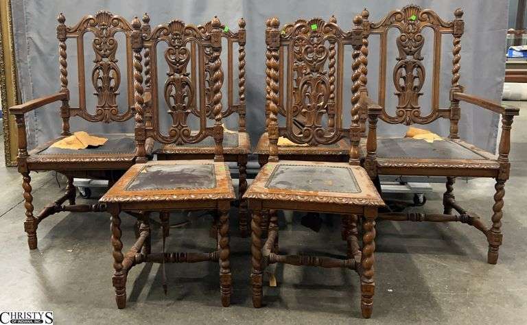 6 Ornate Wood Charis with Leather Seat Bottoms That Need Attention Capitan Chairs Measure 24x21x45 Seat Height 18 image