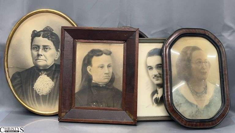 5 Framed Antique and Vintage Portraits - 14" x 17" of largest - some wear, one glass piece is cracked image