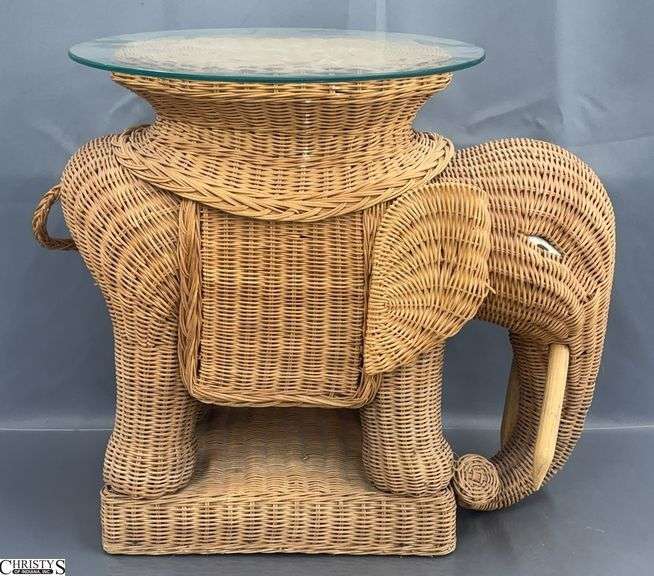 Vintage Natural Wicker Elephant Side Table w/ Glass Top - 10" x 22" x 20" image