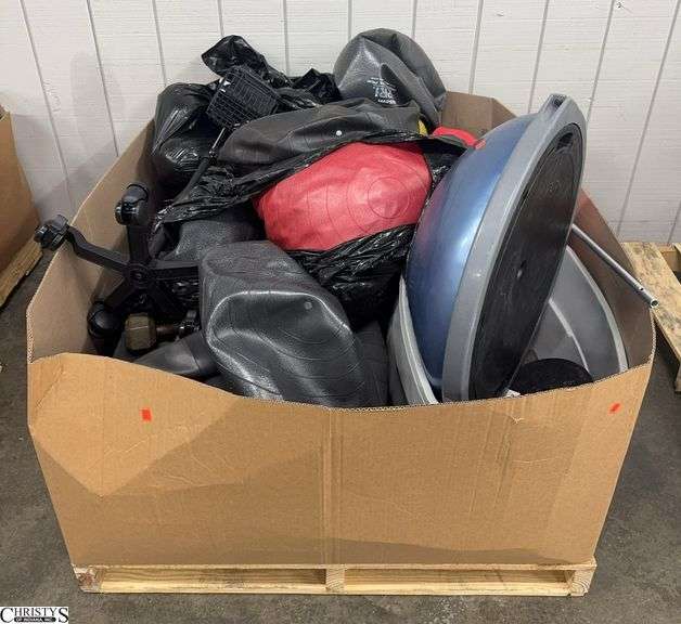 Pallet of Weight Equipment, Dumbbells, Blood Pressure Cuff On Cart, Plate Weights, Rubber Mats image