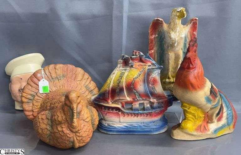 5pcs Chalkware and Ceramic Animals, Boat, Chef Bust - 12" of tallest - some finish wear/chipping image