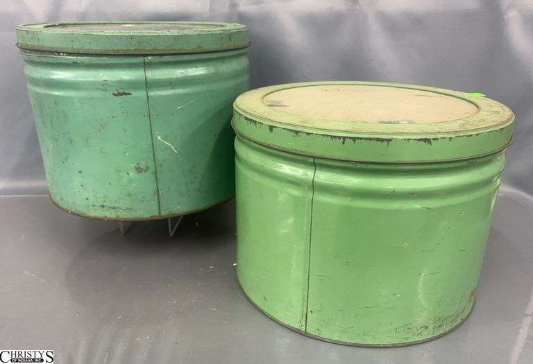 2 Green Tone Metal Tins with See Thru Tops - 12" x 9" of each - some finish wear/scuffing image