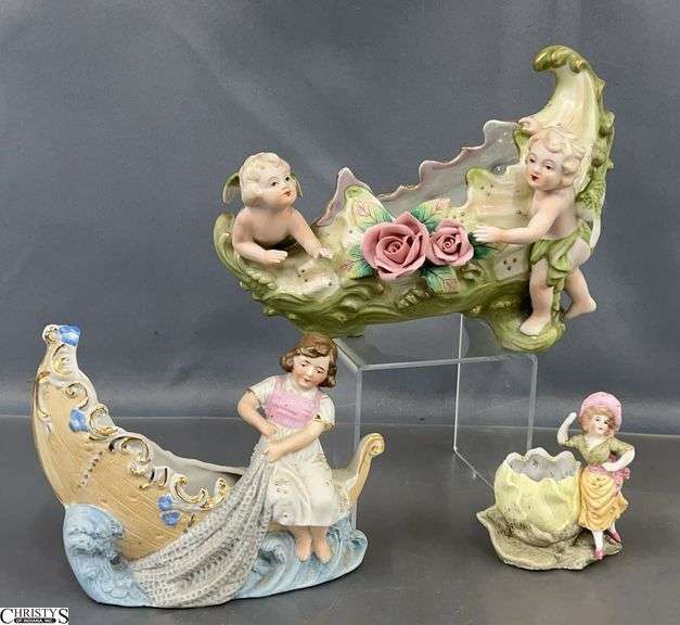 3 Fine Porcelain Figural Cache Pots - 9" x 6" of largest - some chipping image