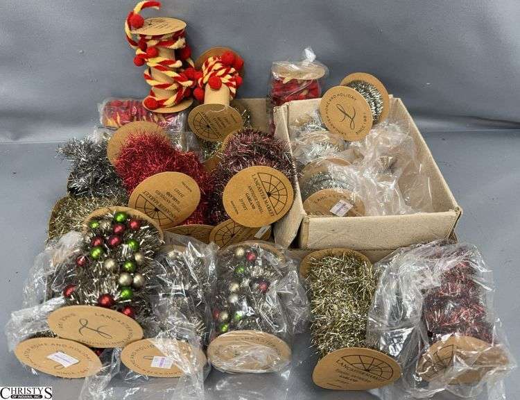 Lancaster Market Antiqued Tinsel Garland Rolls, Poms, and Wired Christmas Decor image