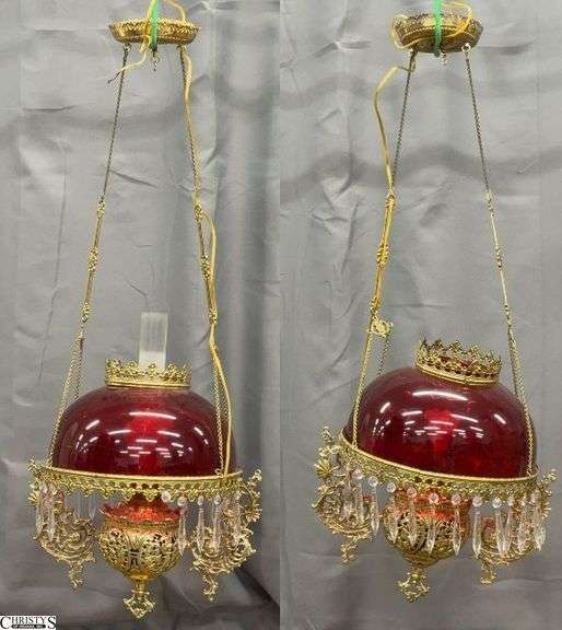 Pair Red Glass Shade Motif Ornate Victorian Brass Oil Lamp Style Hanging Light Fixture - 18" x 42" of largest, as hanging - missing prisms, loose trim, color scratching to one shade image