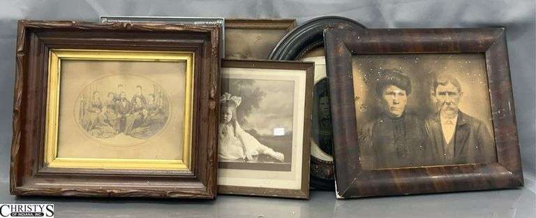 6 Antique Frame Portraits - 13" x 15" of largest - some wear, chipping, some glass missing image