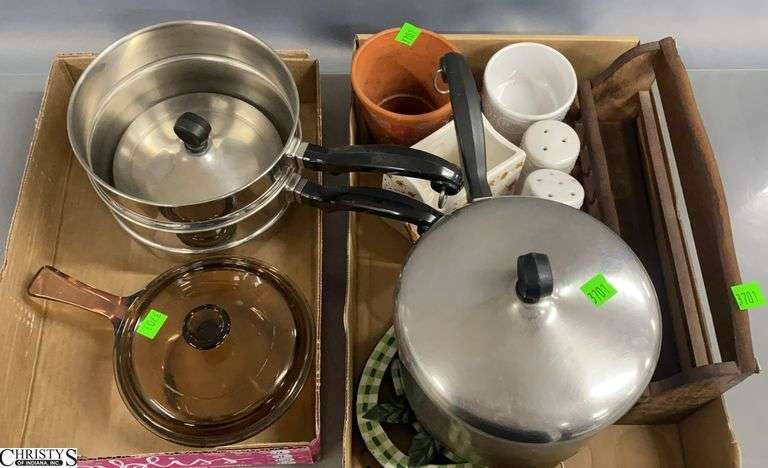 Stainless Double Boiler, Glass Sauce Pot, Shakers, Trivet, Small Spice Rack, Napkin Rings image