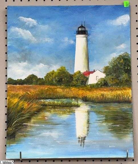 Signed Oil on Board Lighthouse Painting - 16" x 20" image
