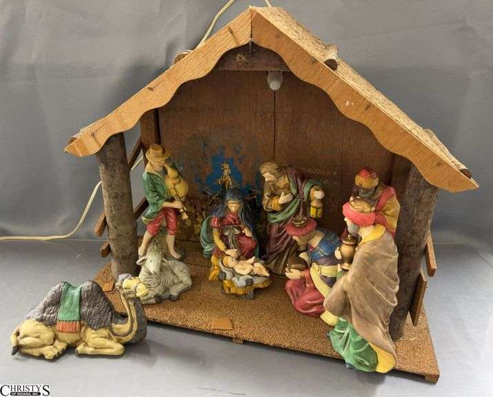 Ceramic Nativity Scene and Creche - 20" x 9" x 16" of creche, some wear/chipping to wood image