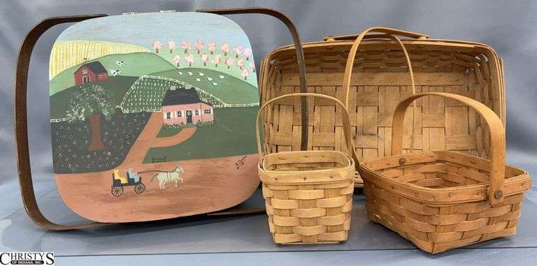 Country Style Hand Painted Picnic Basket and 3 Longaberger Baskets - 18" x 11" of largest image
